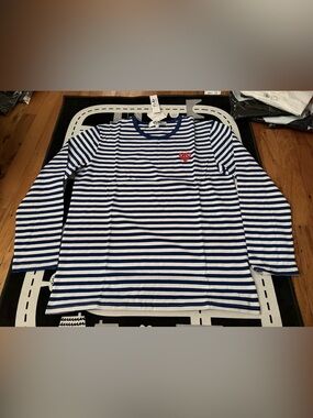 Comme des Garcons PLAY Striped Long Sleeve Shirt Blue White Red Heart Size M/L